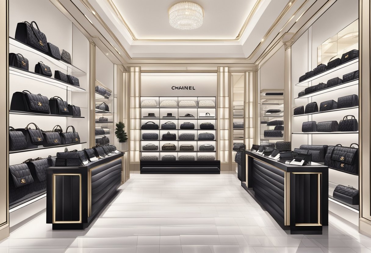 A pristine Chanel boutique in Singapore, with rows of iconic quilted bags on display, catching the light and drawing in fashion enthusiasts