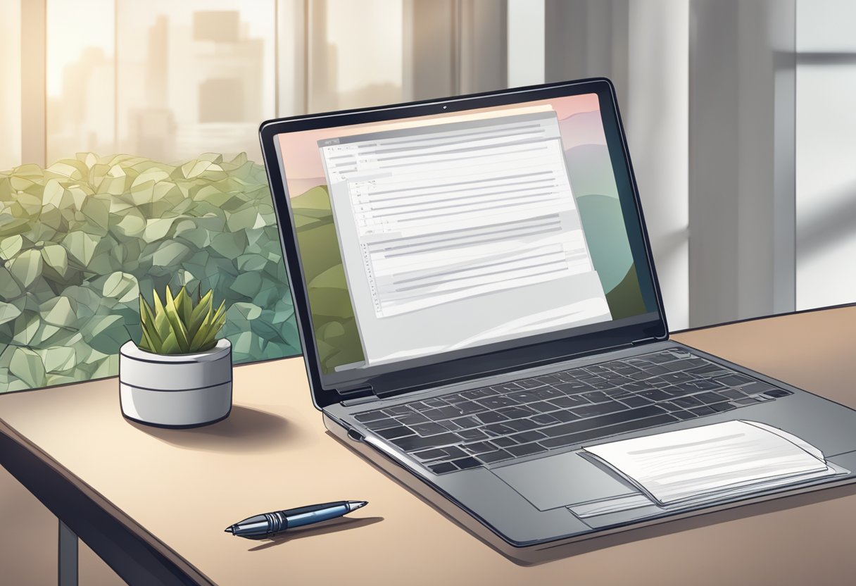 A table with a laptop, pen, and paper. A sign with "Frequently Asked Questions valentino singapore" displayed