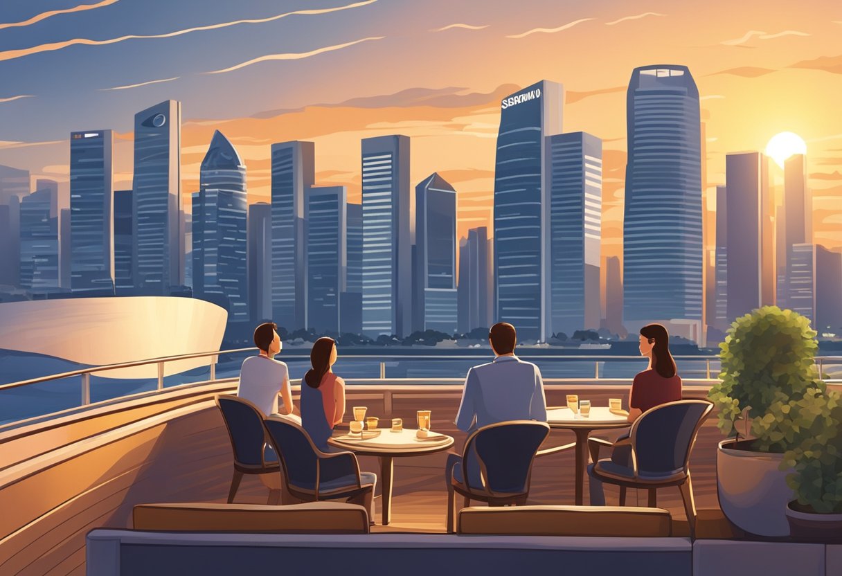 Passengers enjoy panoramic views of the Singapore skyline from the deck of a luxury cruise ship. The sun sets over the city, casting a warm glow on the calm waters below