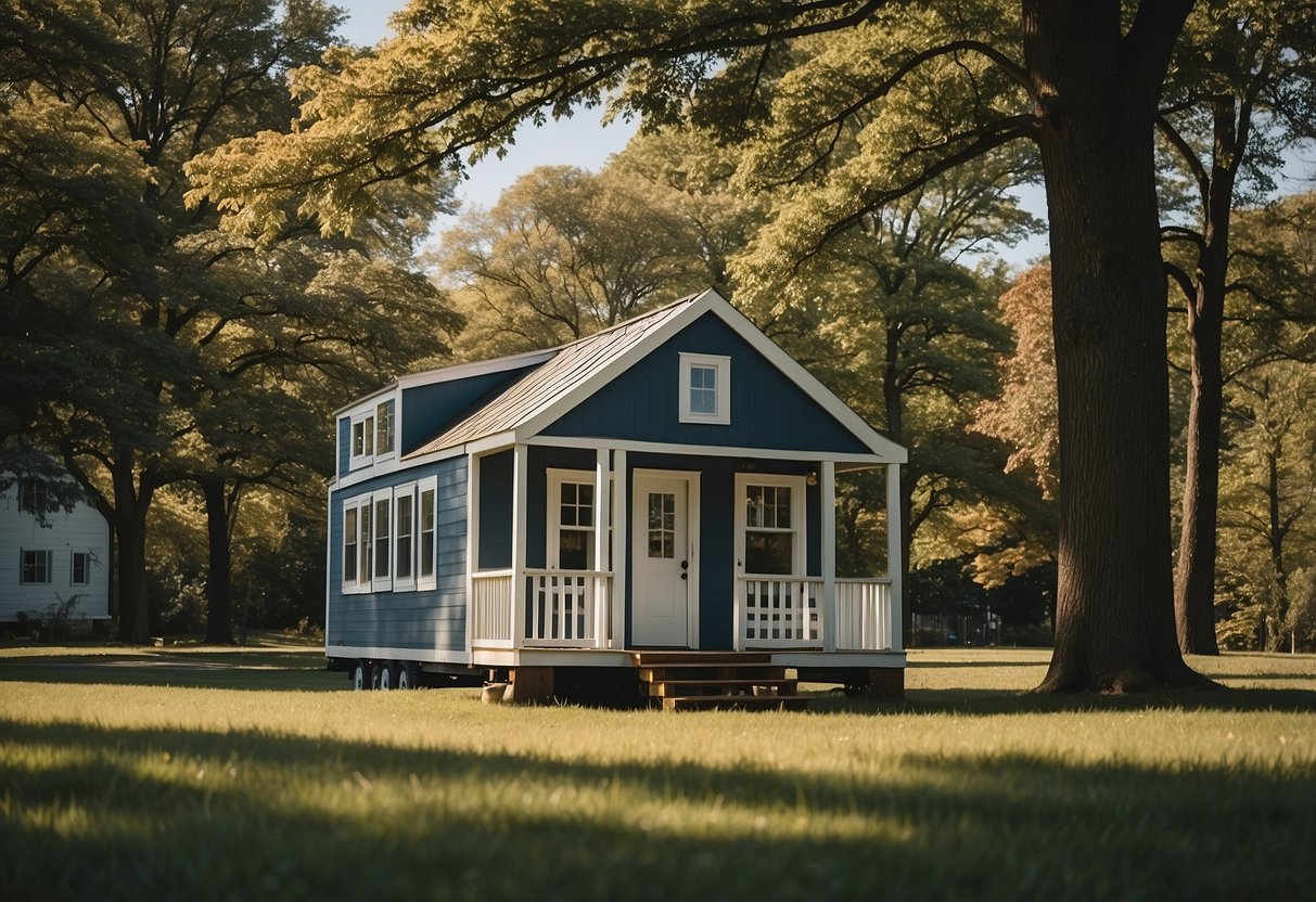 A tiny house sits on a grassy lot in New Jersey, surrounded by trees and a clear blue sky