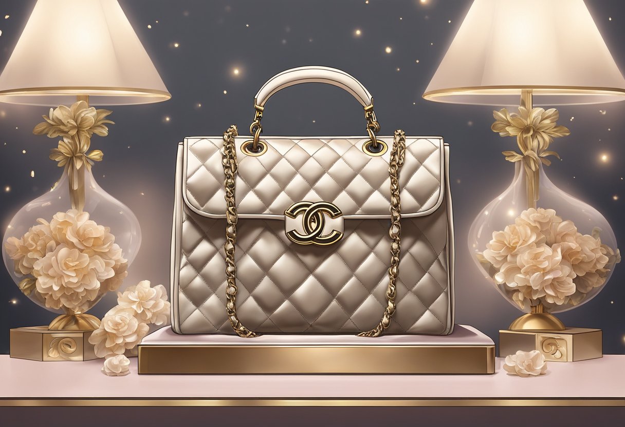 A luxurious Chanel bag sits on a velvet display stand, surrounded by soft lighting and elegant decor