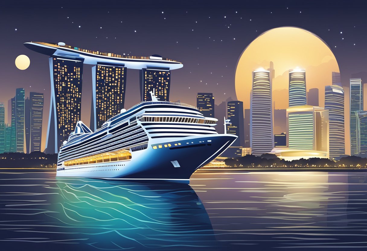A cruise ship sails under the bright lights of Singapore's skyline, with the iconic Marina Bay Sands and the Singapore Flyer visible in the background