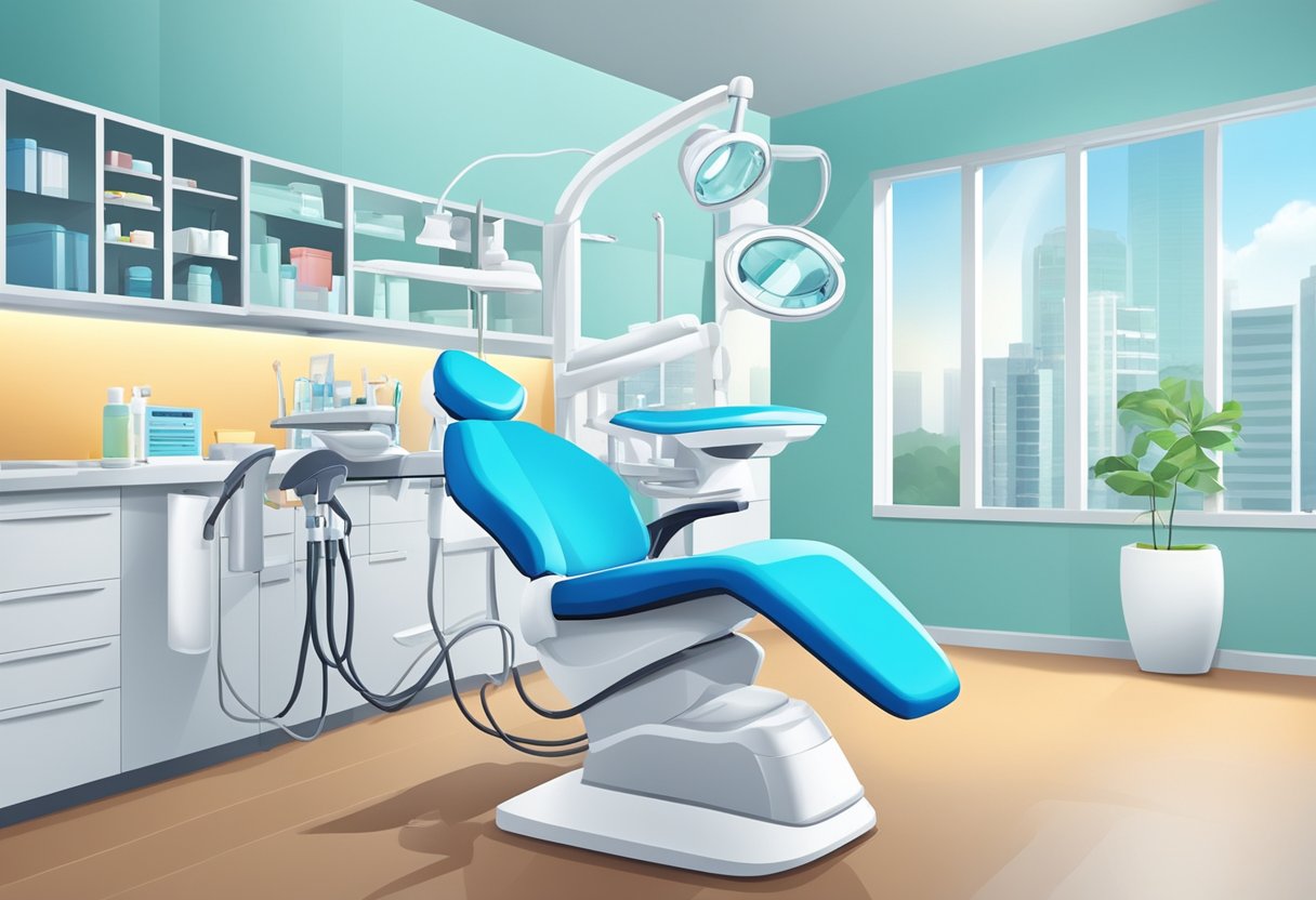 The dentist in Singapore carefully examines a patient's teeth, surrounded by modern equipment and a bright, clean office