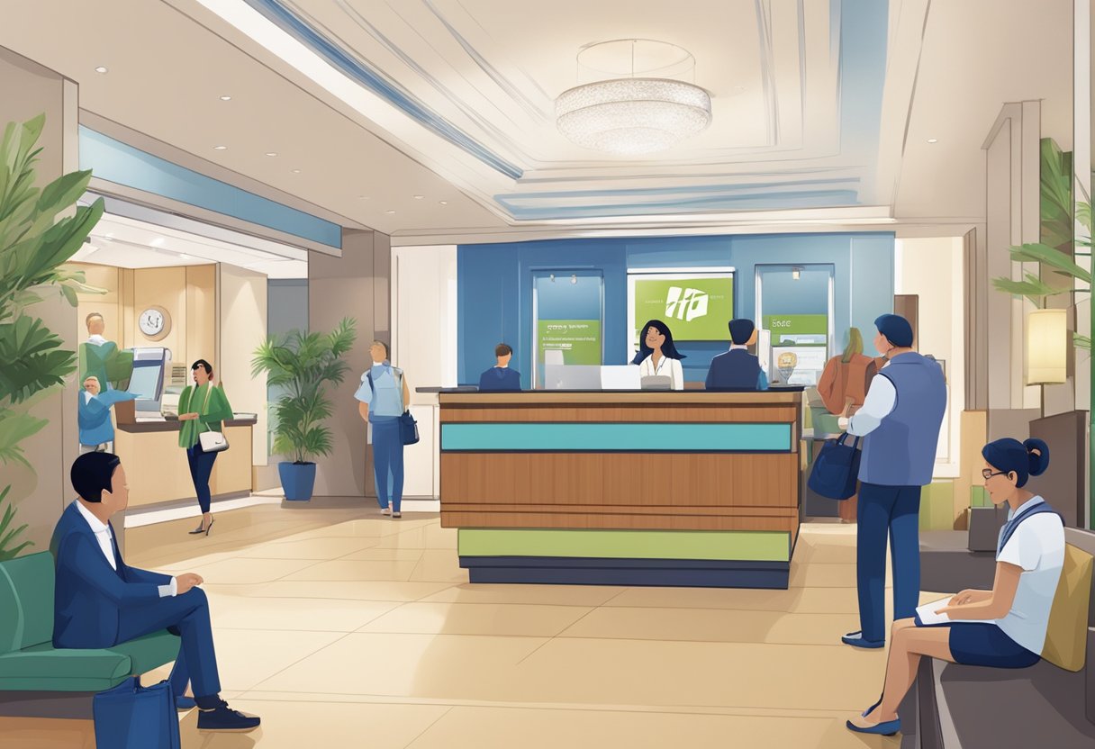The lobby of Holiday Inn Express Singapore bustling with guests, a concierge assists a family, while others check in at the front desk. A sign displays "Frequently Asked Questions" for easy reference