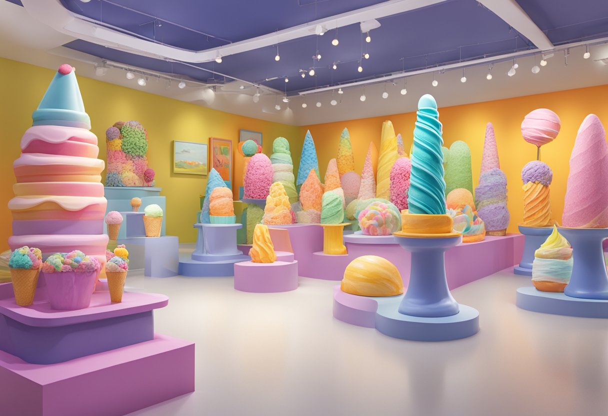 Colorful ice cream sculptures fill the museum, surrounded by vibrant decor and interactive exhibits