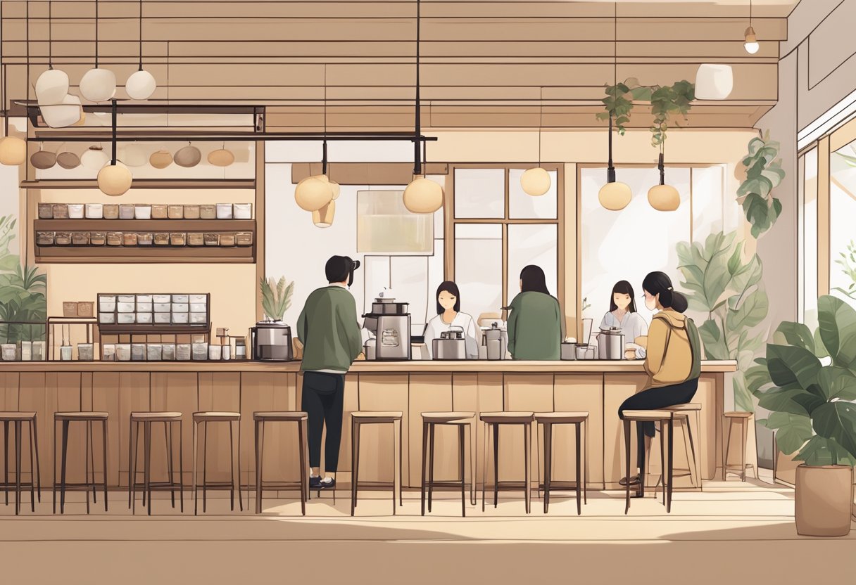 A cozy cafe with Japanese aesthetic, featuring minimalist decor and a serene atmosphere. A display of specialty coffee and tea, with customers enjoying their drinks