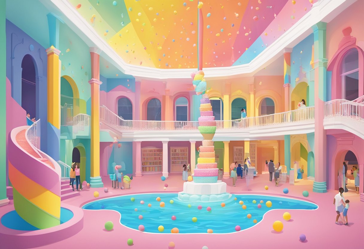 Colorful walls and giant ice cream sculptures fill the museum. A vibrant rainbow staircase leads to a room filled with hanging bananas and a pool of sprinkles