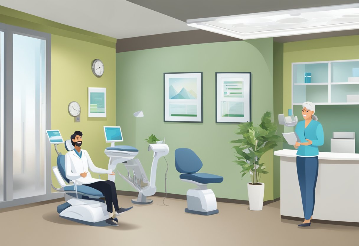 A dental office with a reception desk, waiting area, and informational brochures. A dentist and patient conversing in the background