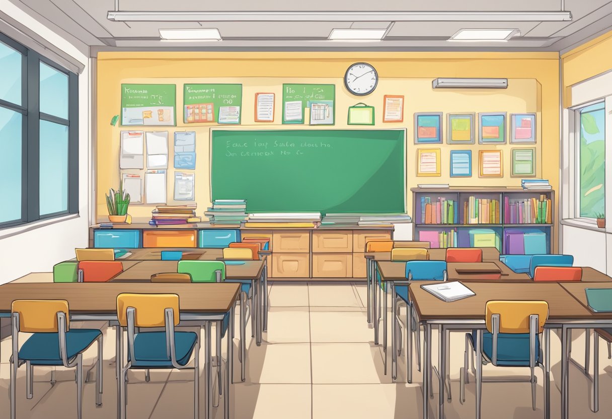 A colorful classroom with students' desks, a whiteboard, and a teacher's desk. A sign on the wall reads "Frequently Asked Questions kurasu singapore."