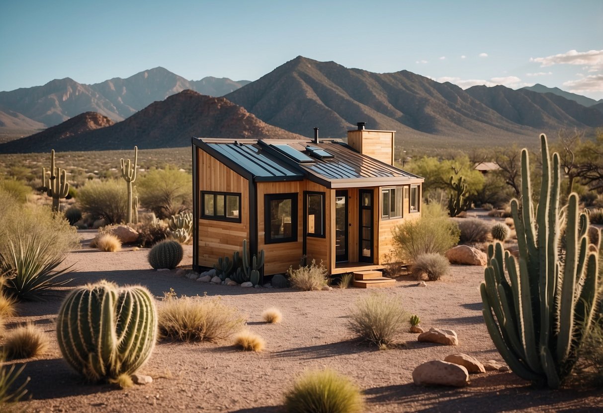 Tiny houses in New Mexico: A small, cozy structure nestled in a picturesque desert landscape, surrounded by cacti and mountains. The house is designed to comply with local zoning regulations and is a symbol of sustainable living