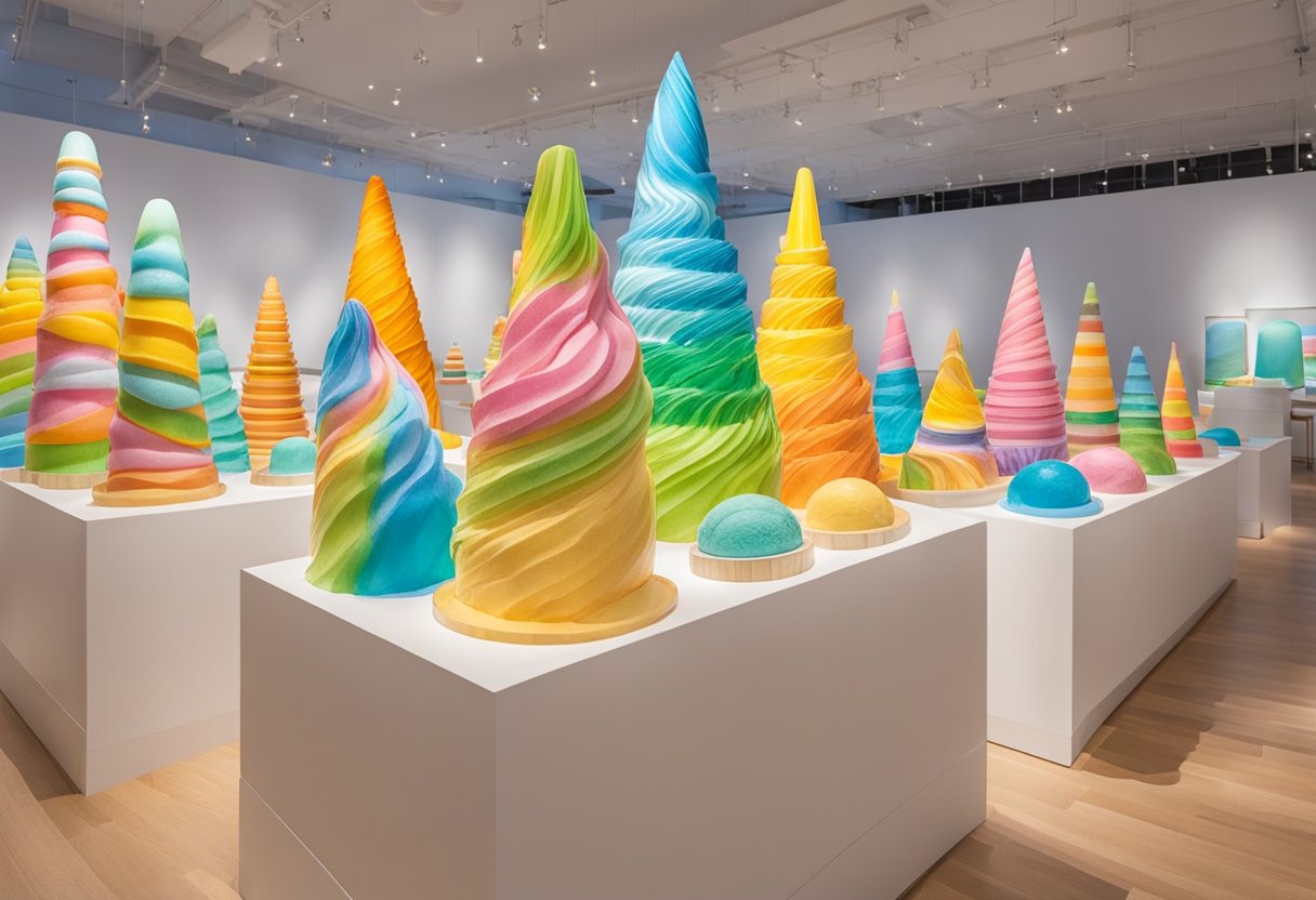 Colorful ice cream sculptures fill the museum, surrounded by interactive exhibits and sweet aromas. Visitors enjoy tasting stations and photo opportunities throughout the vibrant space