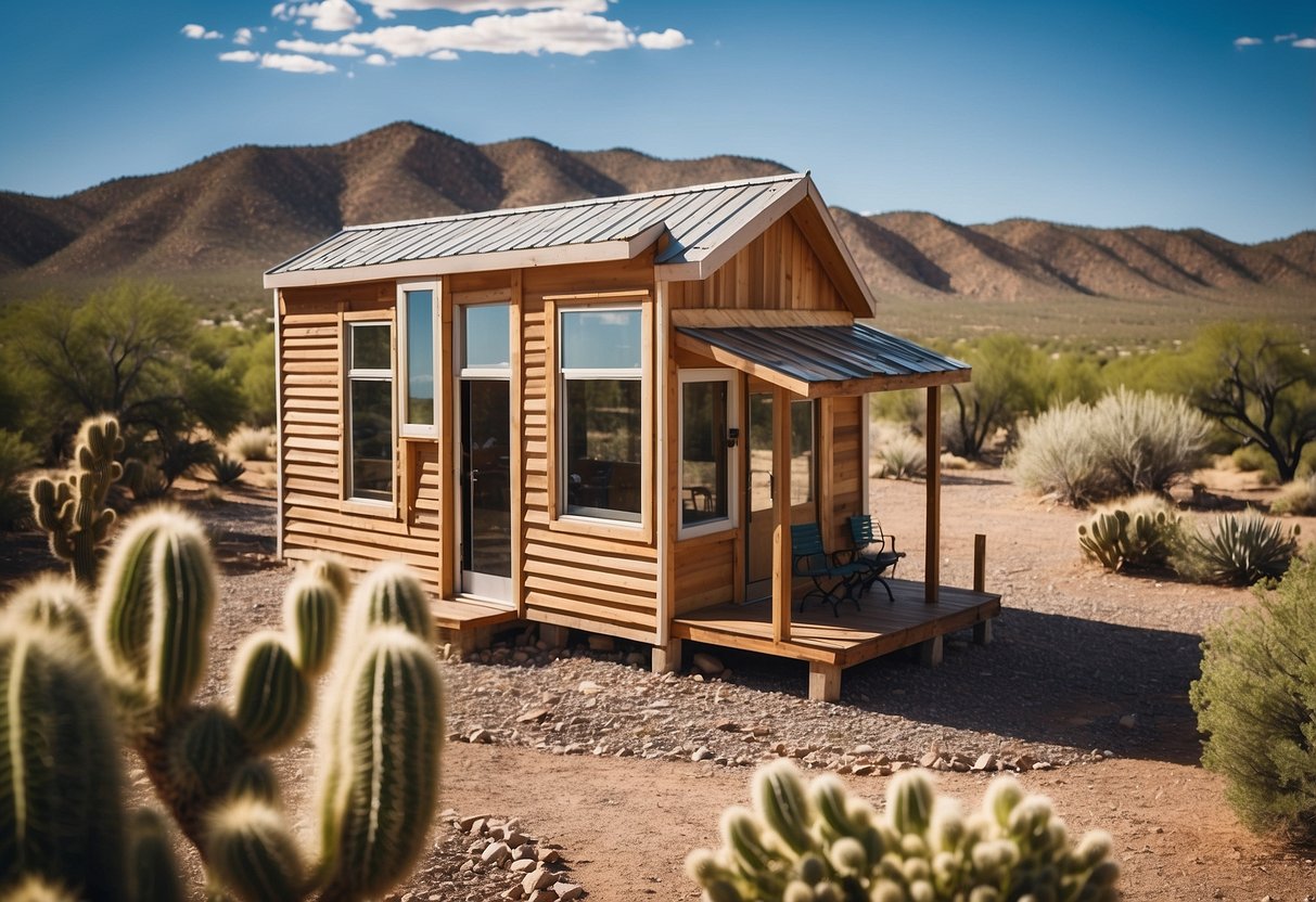 A small, quaint tiny house nestled among the picturesque landscape of New Mexico, surrounded by desert terrain and clear blue skies