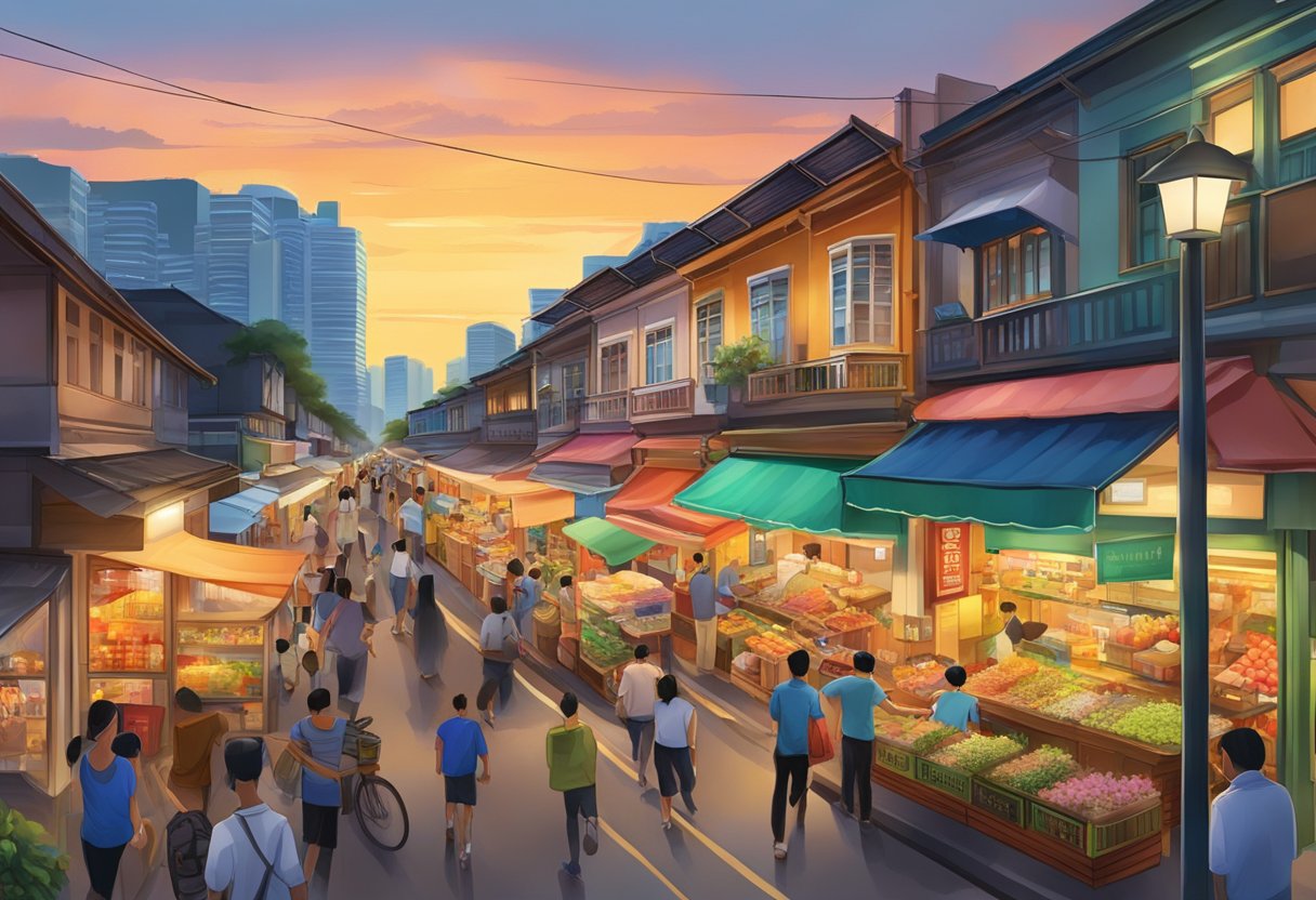 The sun sets over the bustling streets of East Singapore, casting a warm glow on the colorful shophouses and bustling markets