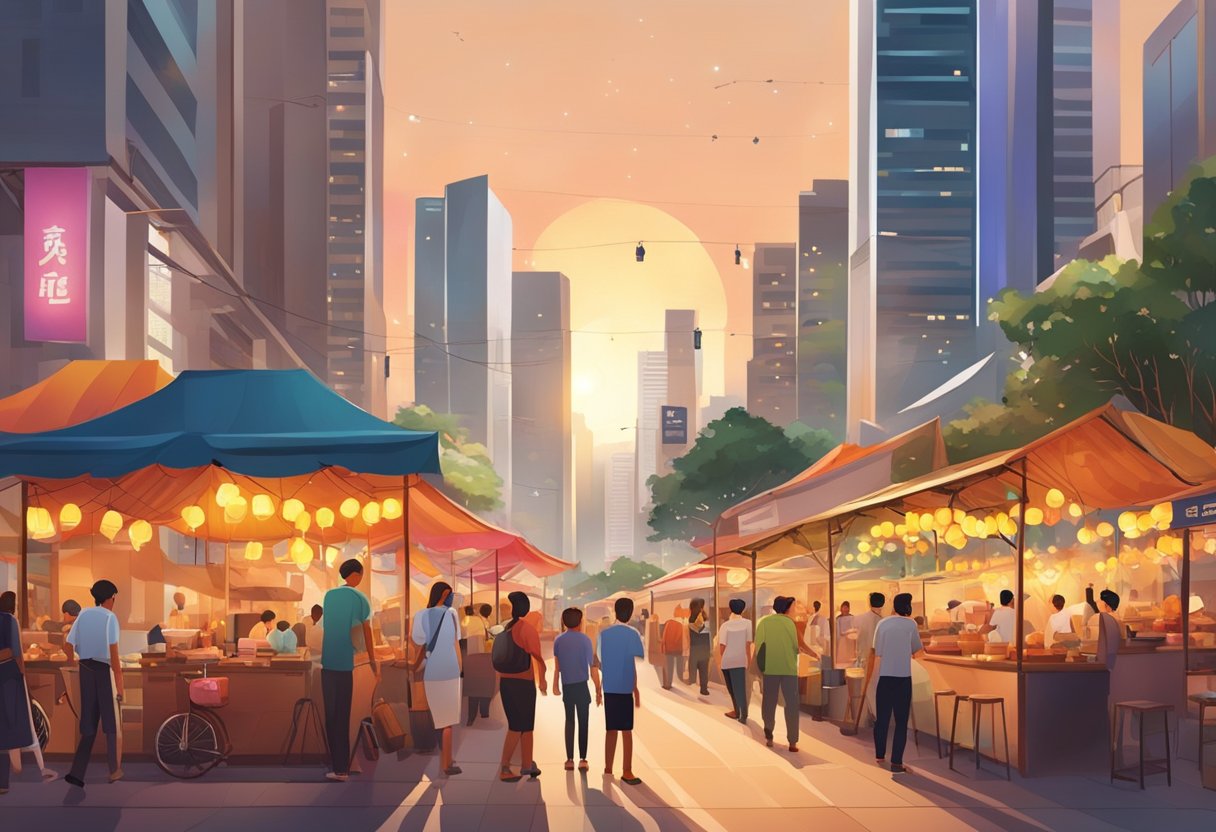 A bustling street in Singapore, with colorful lanterns and sizzling street food stalls, surrounded by modern skyscrapers and the warm glow of evening ember