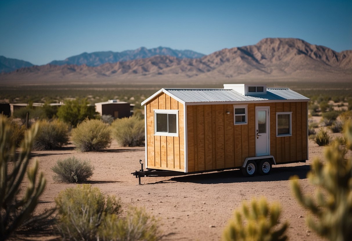 A tiny house sits against a backdrop of New Mexico's desert landscape, with clear blue skies and rugged mountains in the distance