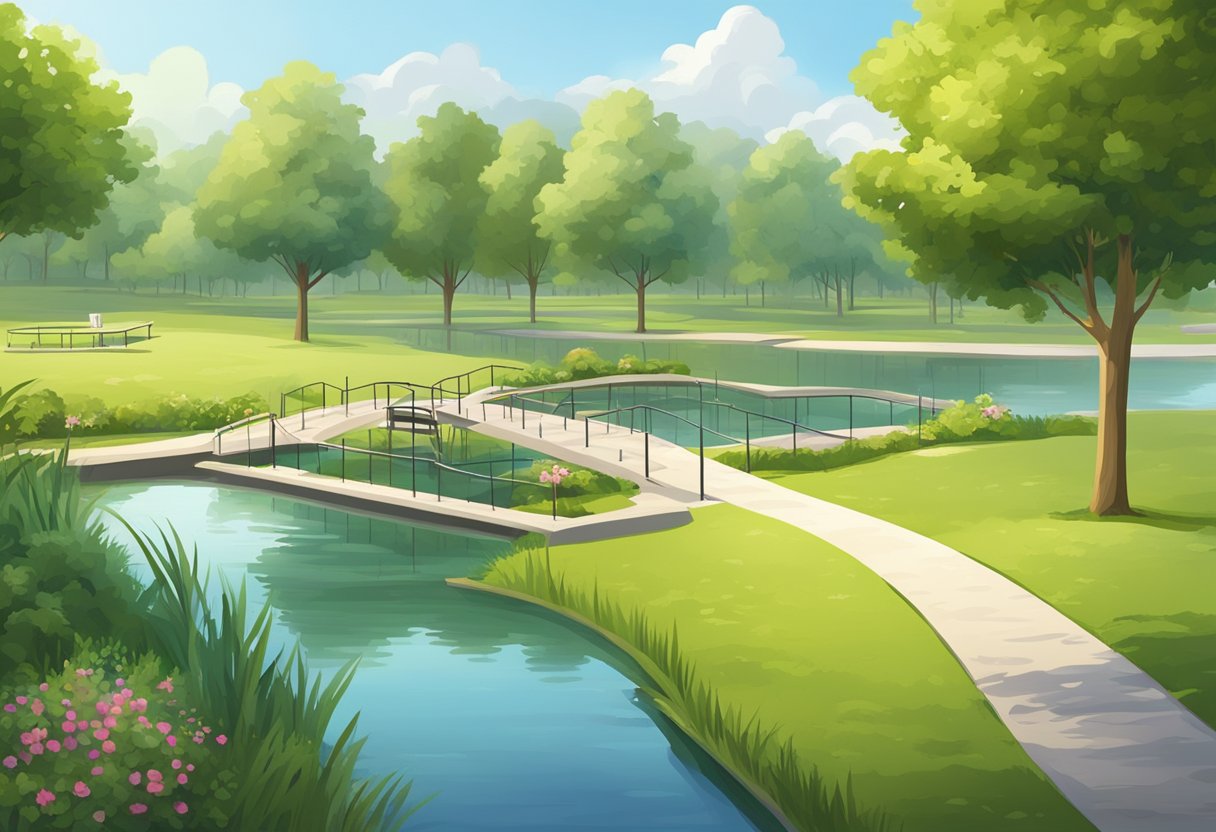 A serene park with a jogging trail, picnic areas, and a playground, surrounded by lush greenery and a calm pond