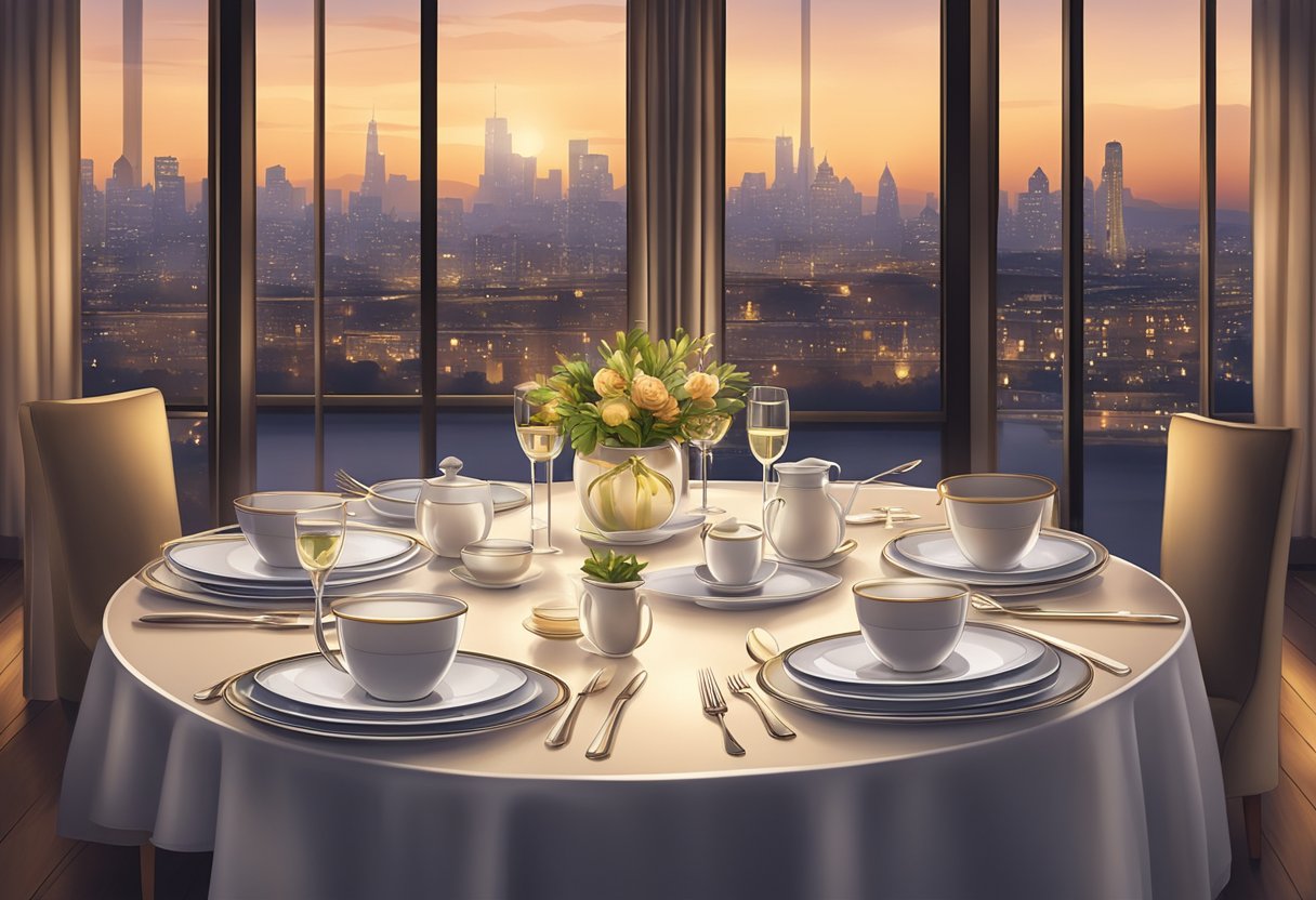 A table set with elegant dinnerware, surrounded by warm, ambient lighting and a view of the city skyline through floor-to-ceiling windows