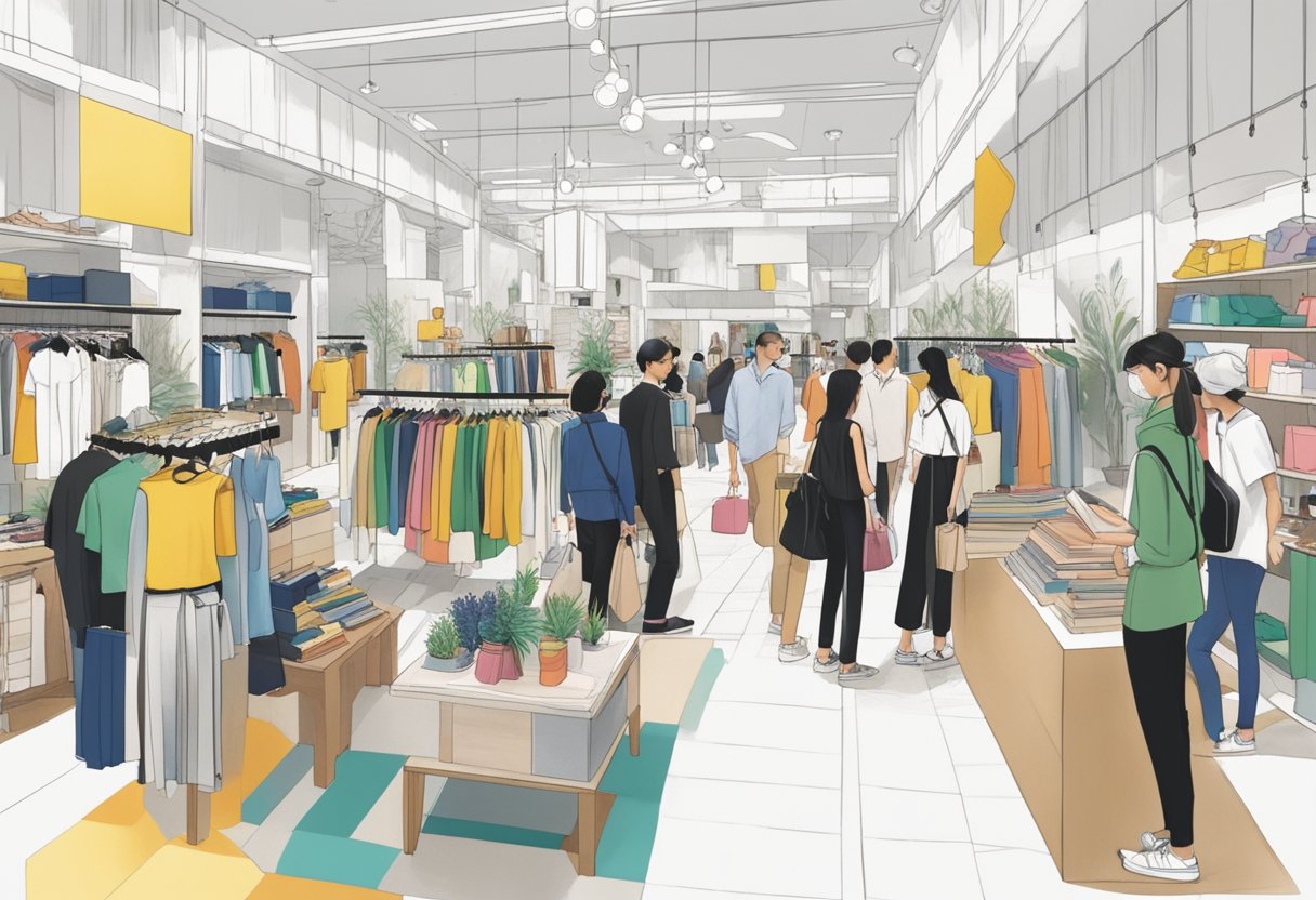 The bustling atmosphere of the Dover Street Market in Singapore, with customers browsing and interacting with staff, surrounded by avant-garde fashion displays