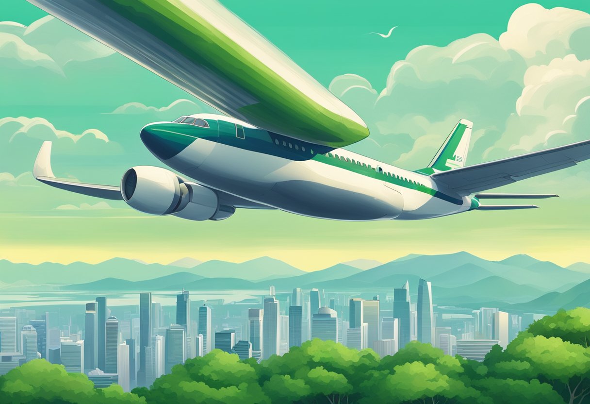 A plane flying from Singapore to Taipei over a city skyline and lush green landscapes