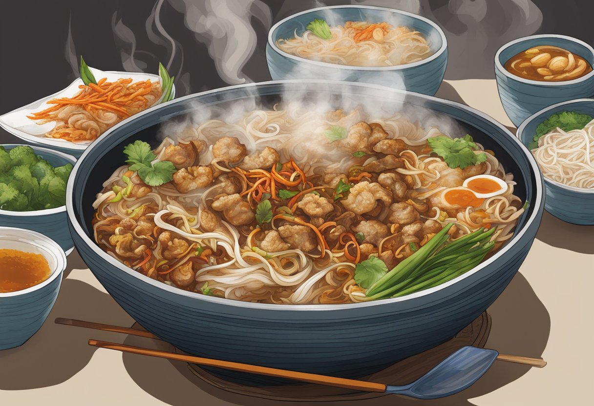 A steaming bowl of kway teow Singapore sits on a bustling hawker stall, surrounded by sizzling woks and aromatic spices