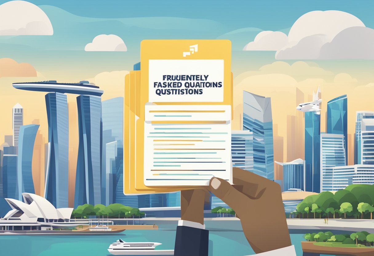 A stack of FAQ cards with "Frequently Asked Questions" written on them, set against the backdrop of the Singapore skyline