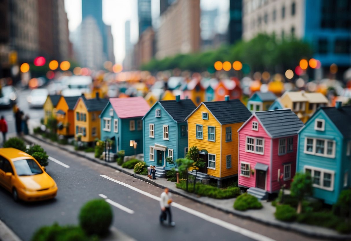 A bustling New York City street with rows of colorful, compact tiny houses, surrounded by tall buildings and busy pedestrians