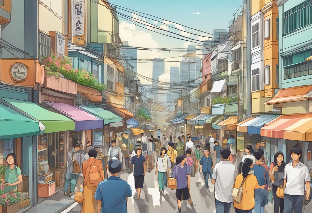 A bustling street with a sign "Frequently Asked Questions East Singapore" surrounded by shops and people