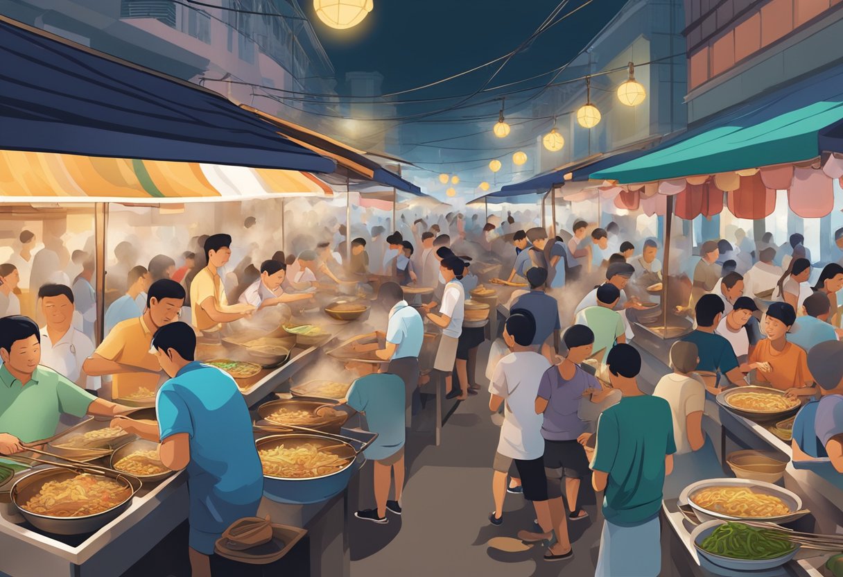 A bustling hawker center with steaming woks, vendors serving up fragrant bowls of kway teow, and diners eagerly slurping up the iconic Singaporean noodle dish