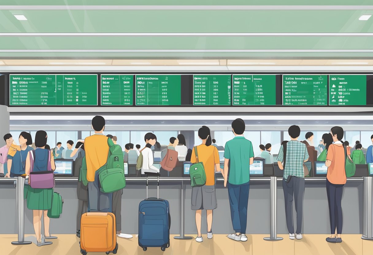 Passengers reviewing flight information at Eva Air check-in counter in Singapore, with Taipei destination displayed on departure board