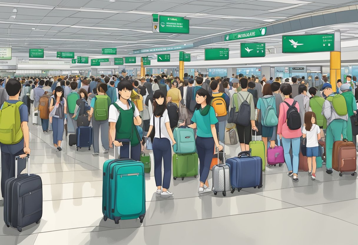 The bustling airport terminal, filled with passengers and luggage, as an Eva Air plane prepares for departure from Singapore to Taipei