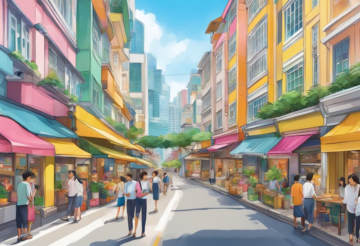 A bustling street in Singapore with colorful storefronts and a mix of traditional and modern architecture, showcasing the vibrant energy of JML Singapore