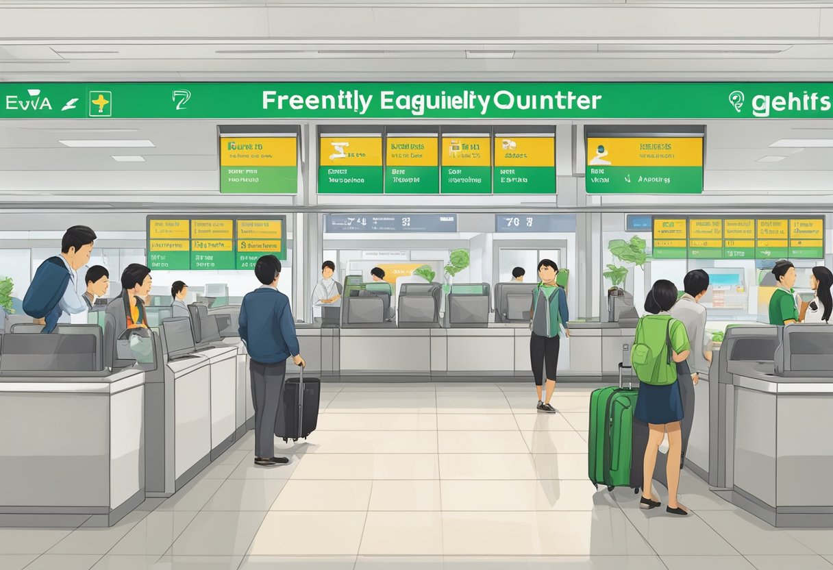 Passengers at Eva Air counter in Singapore, with a sign displaying "Frequently Asked Questions" for flights to Taipei