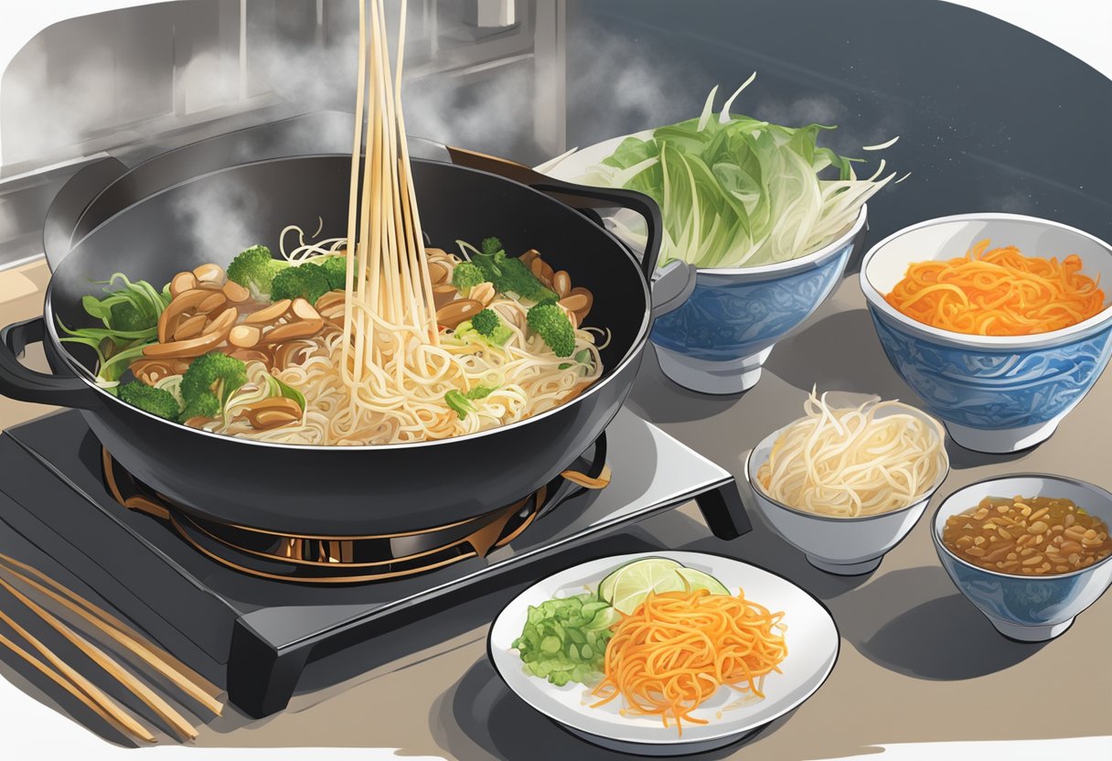 A wok sizzles as ingredients like flat rice noodles, soy sauce, and bean sprouts are prepped for kway teow