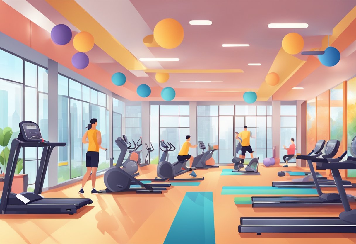 A modern gym with colorful equipment and energetic atmosphere. People working out and engaging in various fitness activities