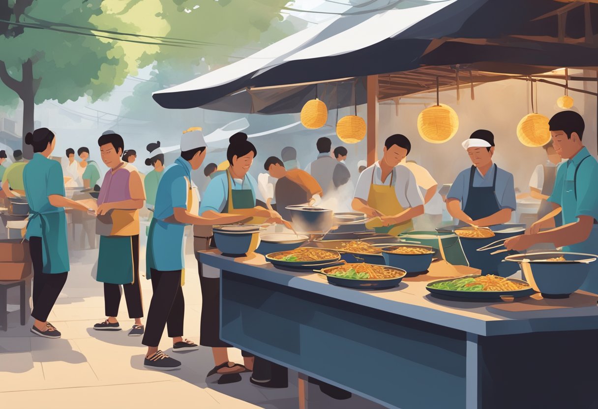 A busy hawker stall with steaming pots, a chef tossing kway teow noodles in a wok, and customers lining up for their orders