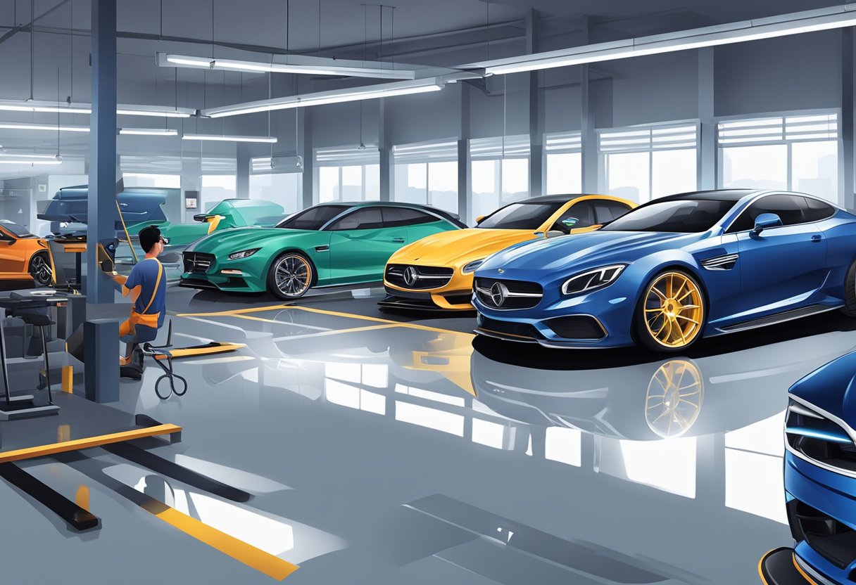 A sleek, modern body shop in Singapore with bright lighting and a range of luxury and exotic cars undergoing repairs and maintenance