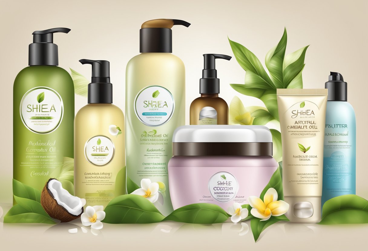 A variety of body care products displayed with natural ingredients like shea butter and coconut oil