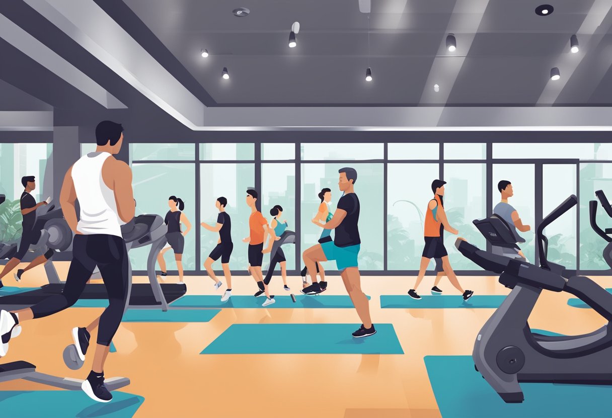 People engaging in fitness programmes at Virgin Active Singapore. Trainers guiding clients through exercises. Equipment and gym atmosphere visible