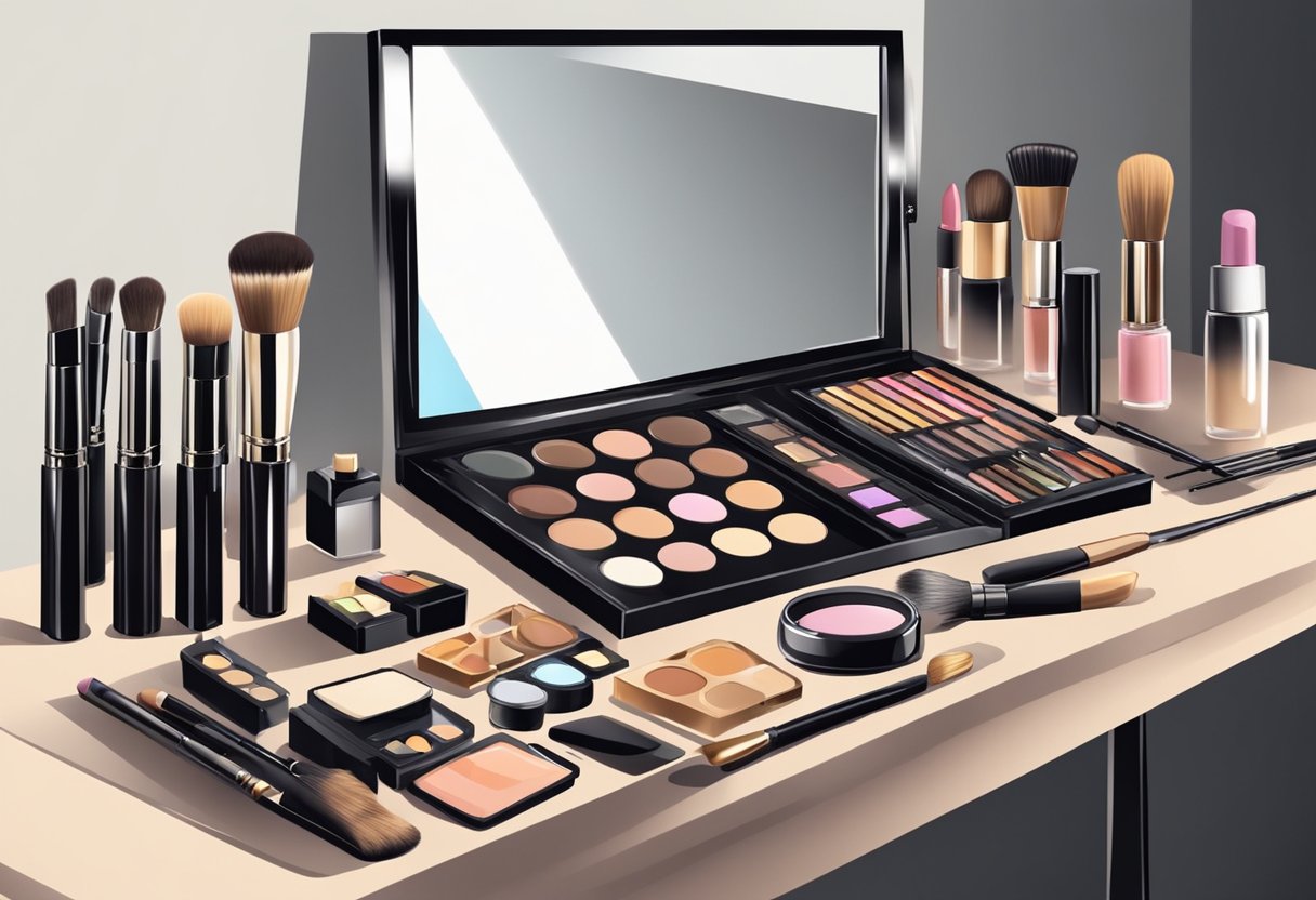 A makeup artist's table with various cosmetics, brushes, and a mirror in a well-lit studio