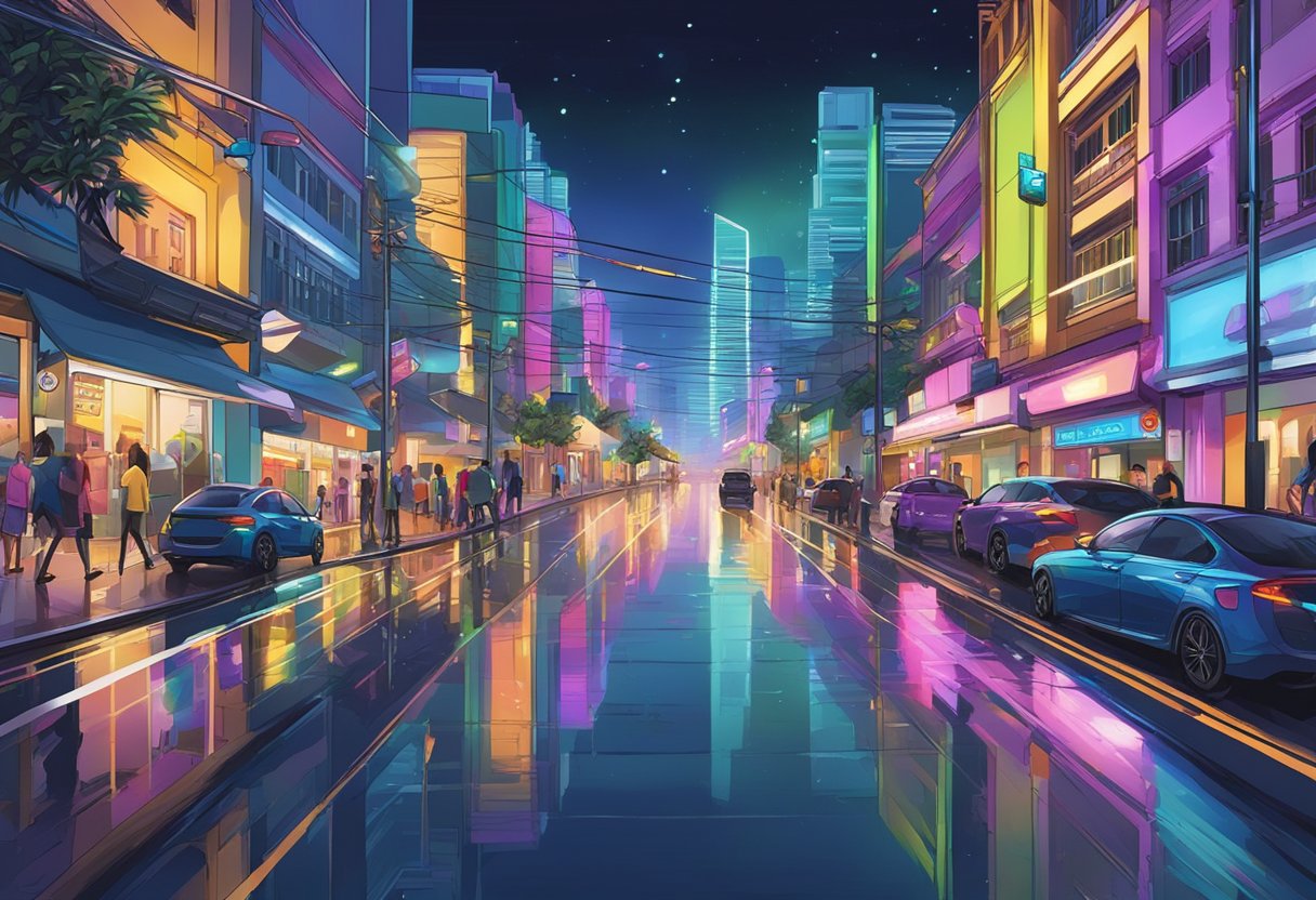 A bustling street in Singapore at night, with colorful neon lights illuminating the buildings and casting vibrant reflections on the wet pavement