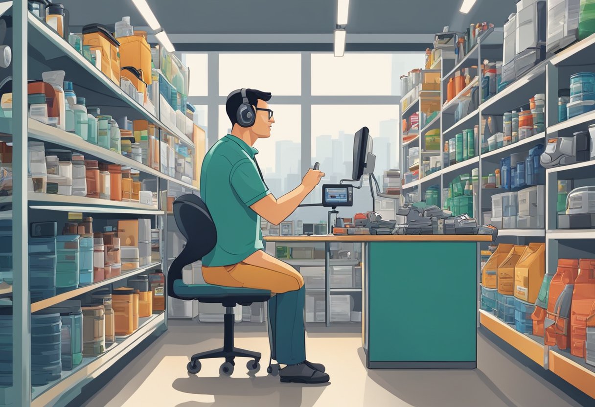 A customer service representative at a body shop in Singapore answers questions from customers, surrounded by shelves of automotive products and tools