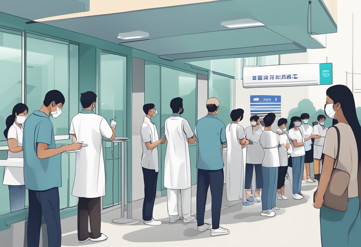 A clinic in Singapore conducts free swab tests, with a queue of people waiting outside