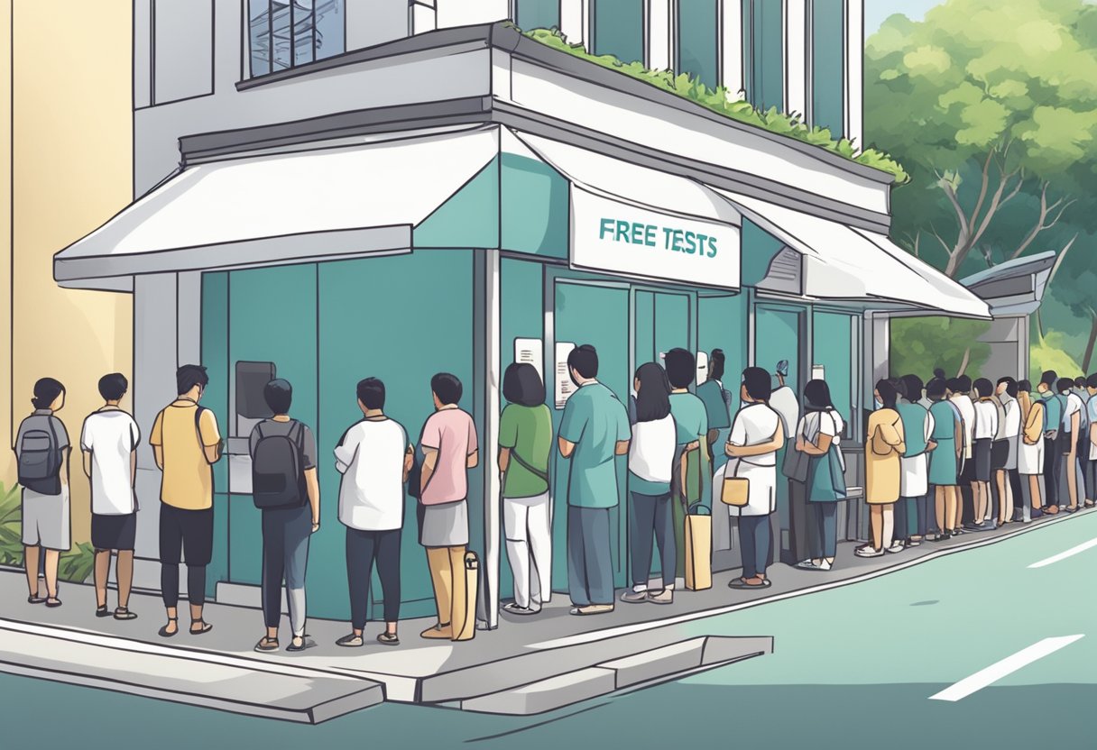 People lining up outside a clinic in Singapore for free swab tests. Signage displays "Free Swab Tests Available Here."