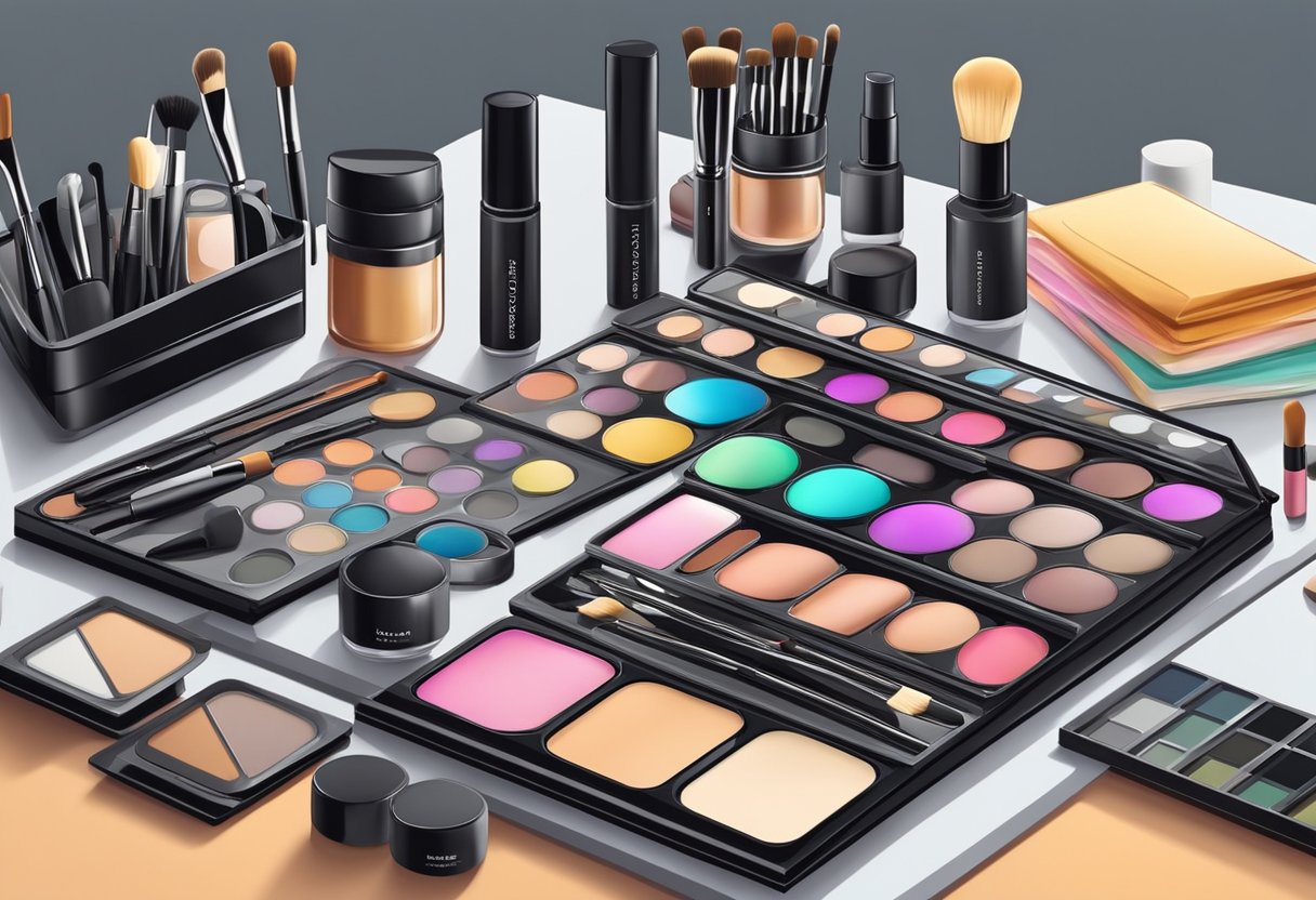 A makeup artist's kit open on a clean, well-lit table in a modern studio, with brushes, palettes, and products neatly arranged
