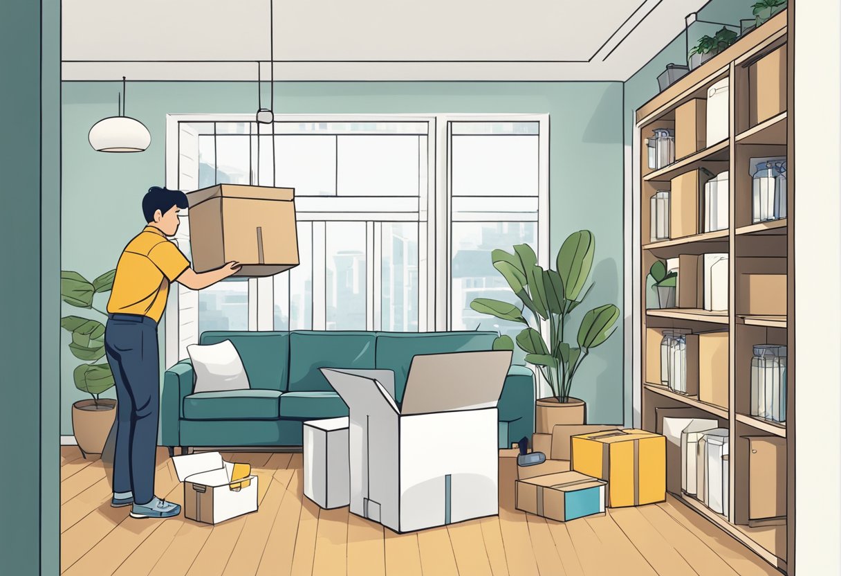 A person unpacks and installs new lighting fixtures in a modern Singaporean home