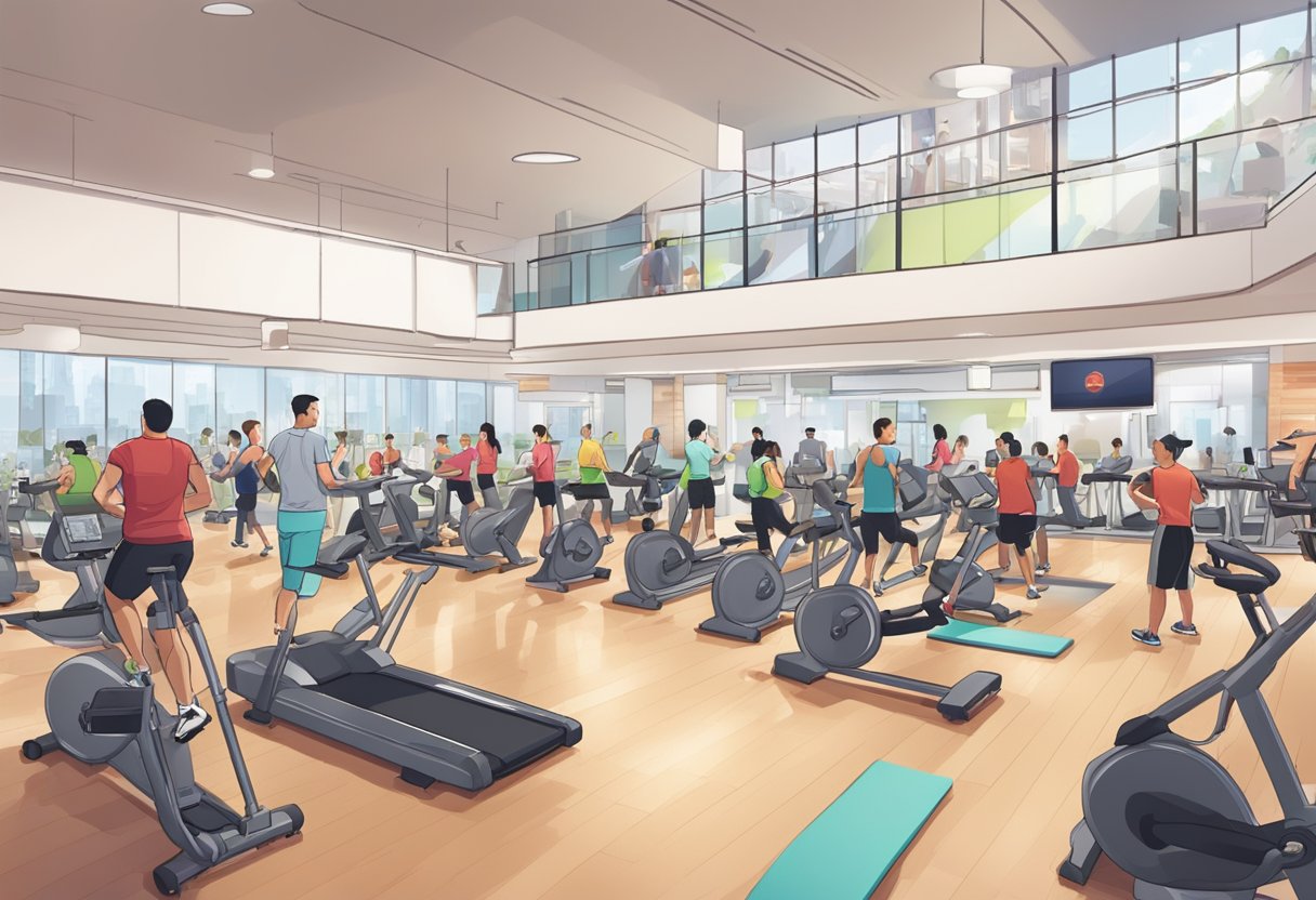 A crowded gym with people exercising, reception desk with staff, and a prominent "Frequently Asked Questions" board at Virgin Active Singapore