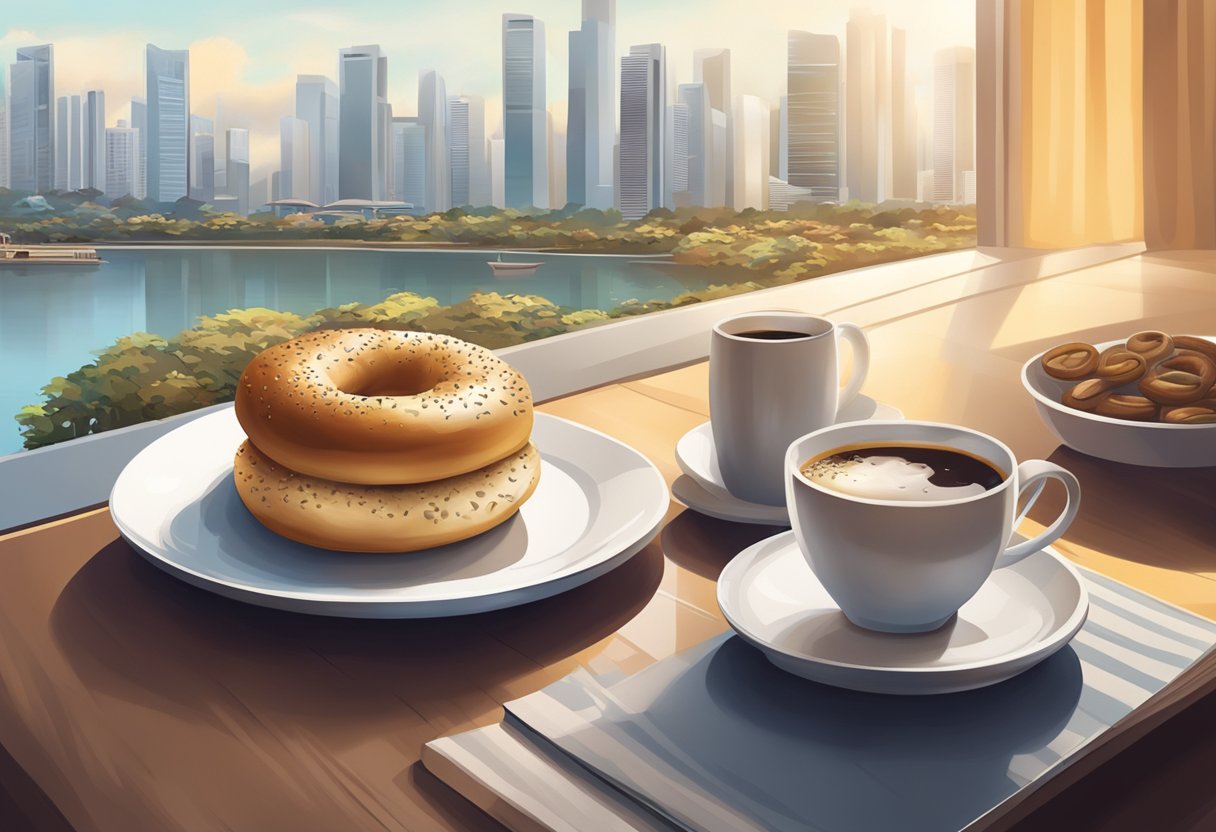 A fresh bagel sits on a plate in a cozy cafe in Singapore, surrounded by a steaming cup of coffee and a view of the bustling city outside