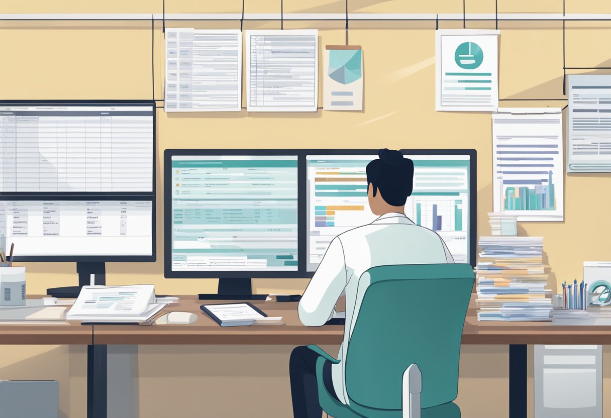 A person sits at a desk, surrounded by paperwork and a computer screen displaying a list of free swab test clinics in Singapore. A calculator and financial documents are scattered across the desk, indicating careful consideration of costs
