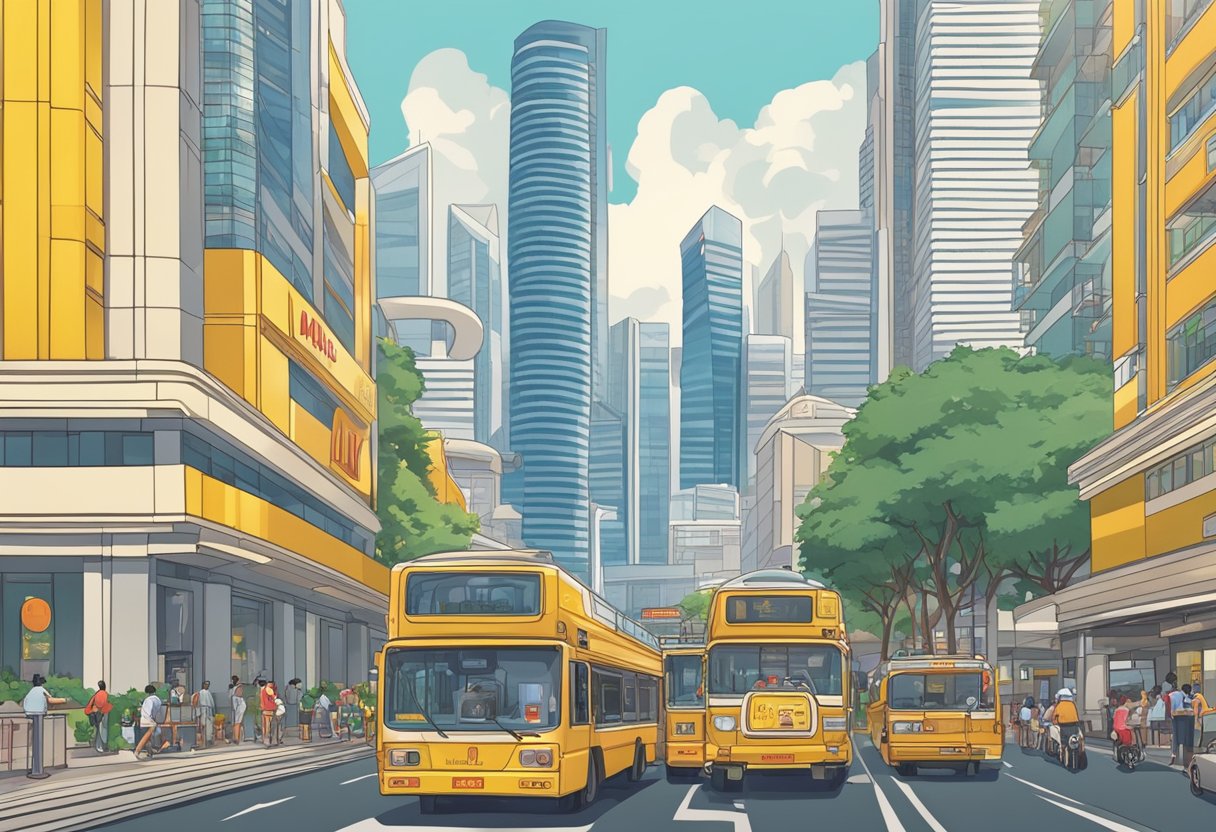 The bustling streets of Singapore, with iconic golden arches of McDonald's against a backdrop of modern skyscrapers and bustling traffic