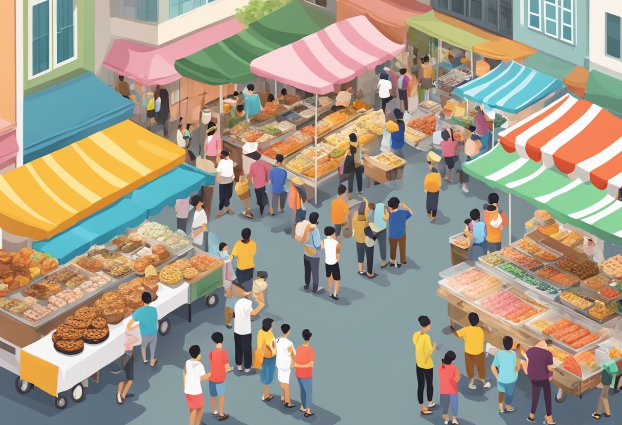 A bustling Singapore street market with colorful bagel vendors and eager customers sampling different flavors and toppings